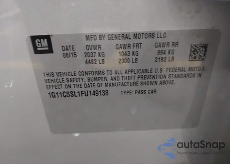 2015 Chevrolet Malibu 1Lt z USA, uszkodzony, nr VIN 1G11C5SL1FU149138